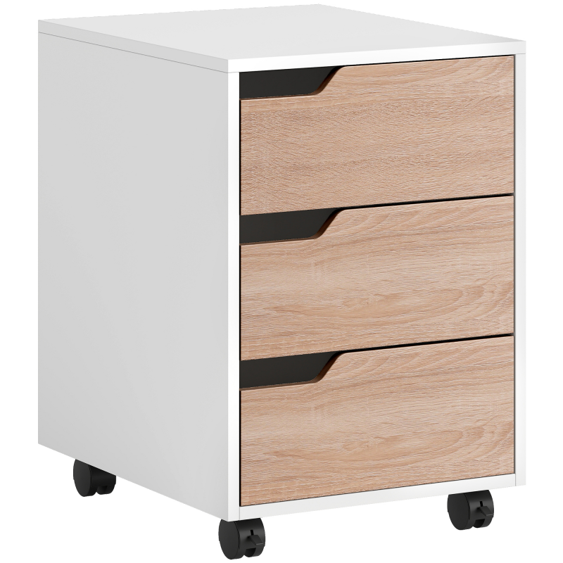 HOMCOM Rollcontainer, Aktenschrank, Bürocontainer mit 3 Schubladen, Büroschrank, Aufbewahrung, Container,4 Universalräder, MDF, Natur+Weiß Aosom – Bild 1 von 2