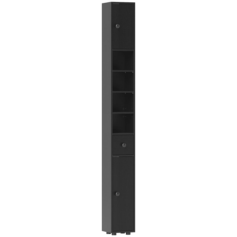 kleankin Hoher Badezimmerschrank, schmale Badsäule mit 1 Schublade, 4 offenen Regalböden und verstellbaren Einlegeböden, 2 Türen, moderner Stil, für kleine Räume, 20x20x180 cm, Schwarz Aosom – Bild 1 von 2