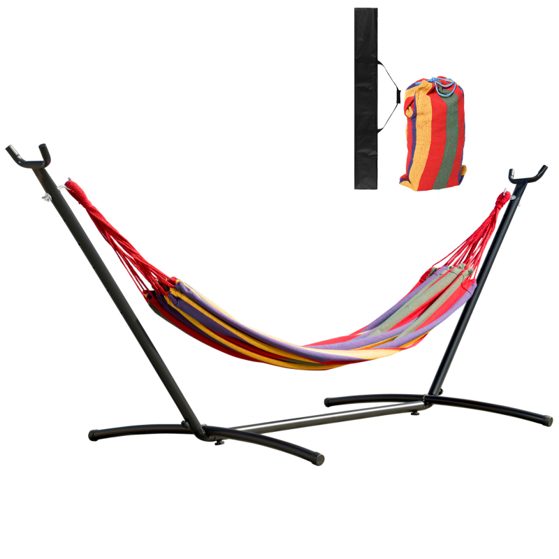 Outsunny Hängematte mit Gestell 200x150cm, 6-stufig höhenverstellbar, mit Tragetasche, ideal für Terrasse & Garten, aus Baumwolle & Stahl Aosom.de – Bild 1 von 2