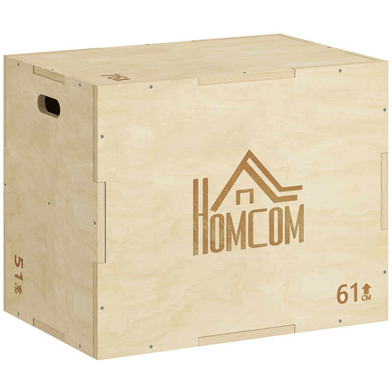 HOMCOM 3-in-1 Plyo Box Holz Plyometrische Sprungbox mit 3 Sprunghöhen Griffen Step-Up Jumping Box 61 x 51 x 76 cm Plyometric Platform Fitnessgerät für Plyometrisches Training Workout Fitnessstudio Aosom – Bild 1 von 2