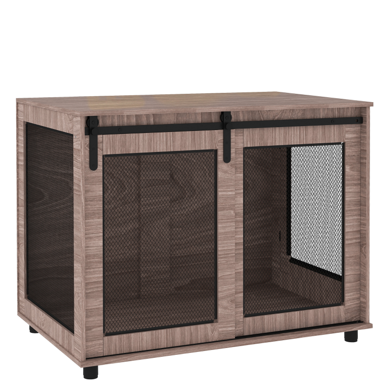 PawHut Hundekäfig Möbel, Hundebox mit 2 verschließbaren Türen, Beistelltisch für Zuhause, Hundehaus für große Hunde unter 30 kg, Stahl, 98 x 60 x 78 cm, Nussbaum Aosom – Bild 1 von 2