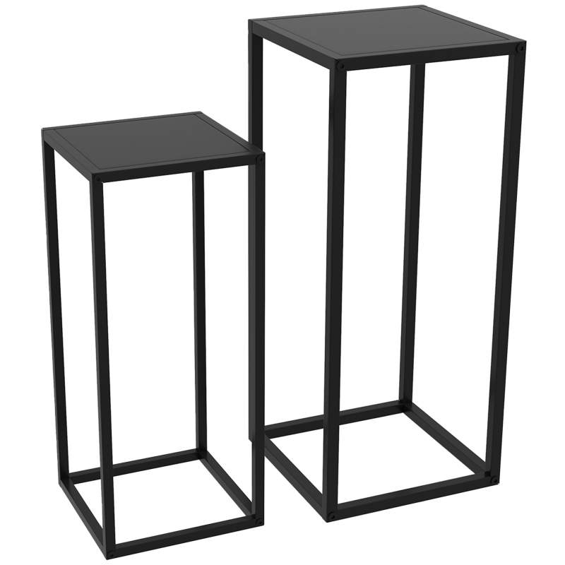Outsunny 2er-Set Pflanzenständer, Pflanzenhocker mit Stahlbeine, Skandinavischem Design, Blumenständer für Garten, Balkon, Schwarz Aosom – Bild 1 von 2