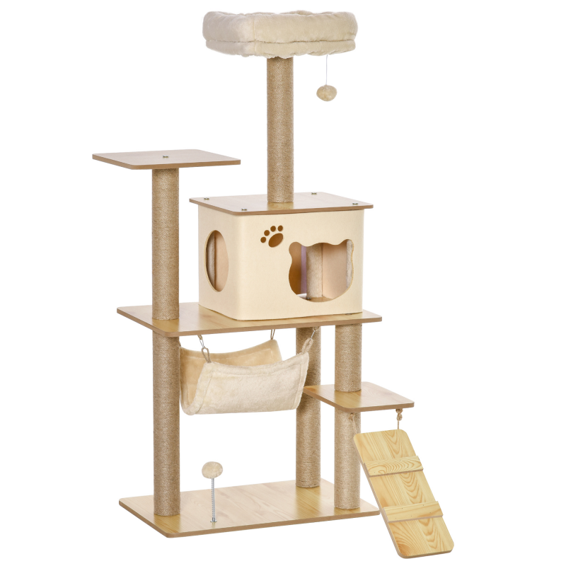 PawHut Kratzbaum aus Holz Katzenbaum mit Kletterbaum & Katzenhöhle, Jutestämme, Spielbälle, Gelb, 60x40x130cm für aktive Katzen Aosom.de – Bild 1 von 2