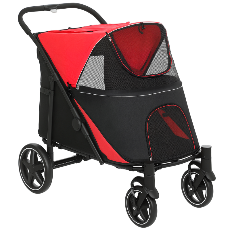 PawHut Hundewagen Hundebuggy faltbar mit Kissen für große mittelgroße Hunde Katzenbuggy mit Netzfenster Sicherheitsleinen Rot Aosom.de – Bild 1 von 2
