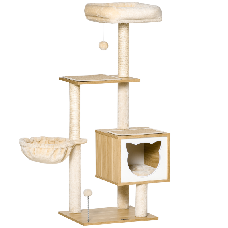 PawHut Katzenbaum Beiger Katzenhöhle mit Plattform 126cm Höhe aus Holz und Spanplatte Sisal für Katzen Aosom.de – Bild 1 von 2