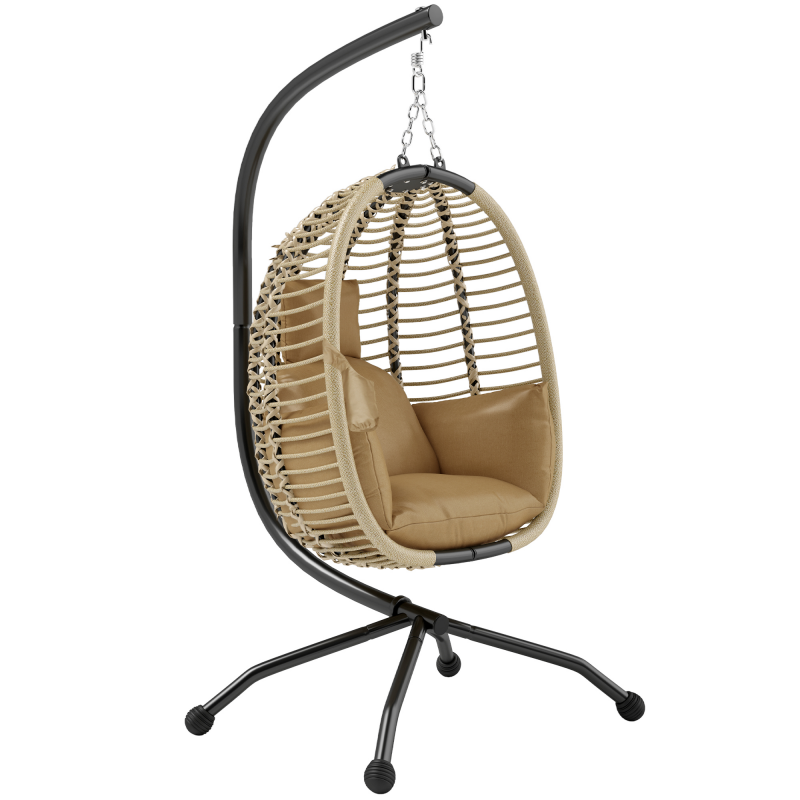 Outsunny Hängesessel mit Gestell, Faltbar Eiförmiger Hängeschaukel mit waschbarem Sitz, Becherhalter Sicherheitsseil, Hängematte Schaukelsessel Indoor Outdoor, Terrasse, Garten, Beige Aosom – Bild 1 von 2