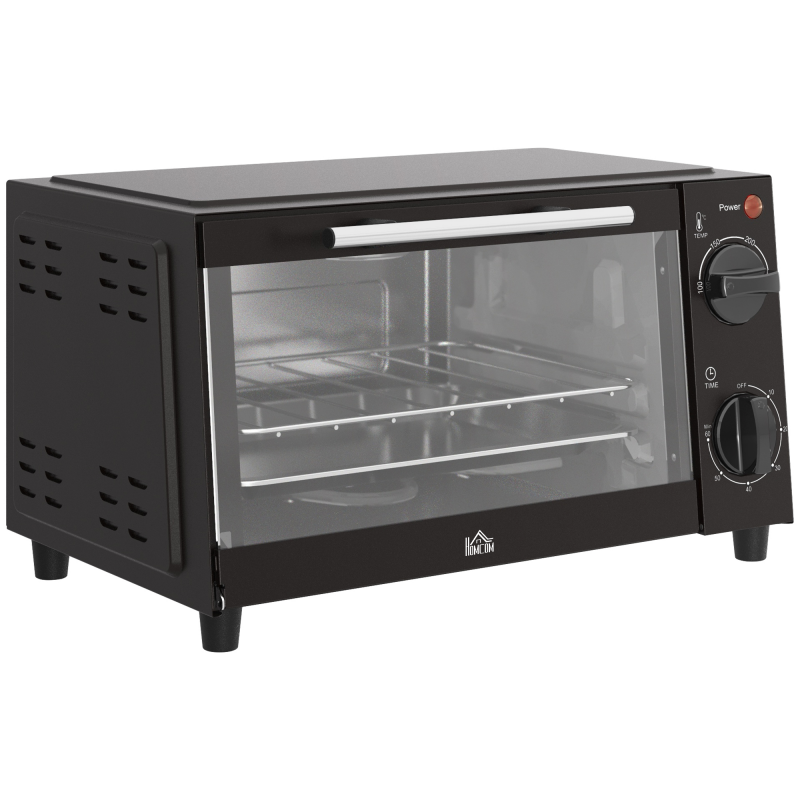 HOMCOM Minibackofen 9L Mini Ofen mit Backblech, Grillrost, 100 °C-230 °C, mit einstellbar Temperatur und Garzeit, 60 Min. Timer, 750W, Edelstahl, Schwarz Aosom – Bild 1 von 2
