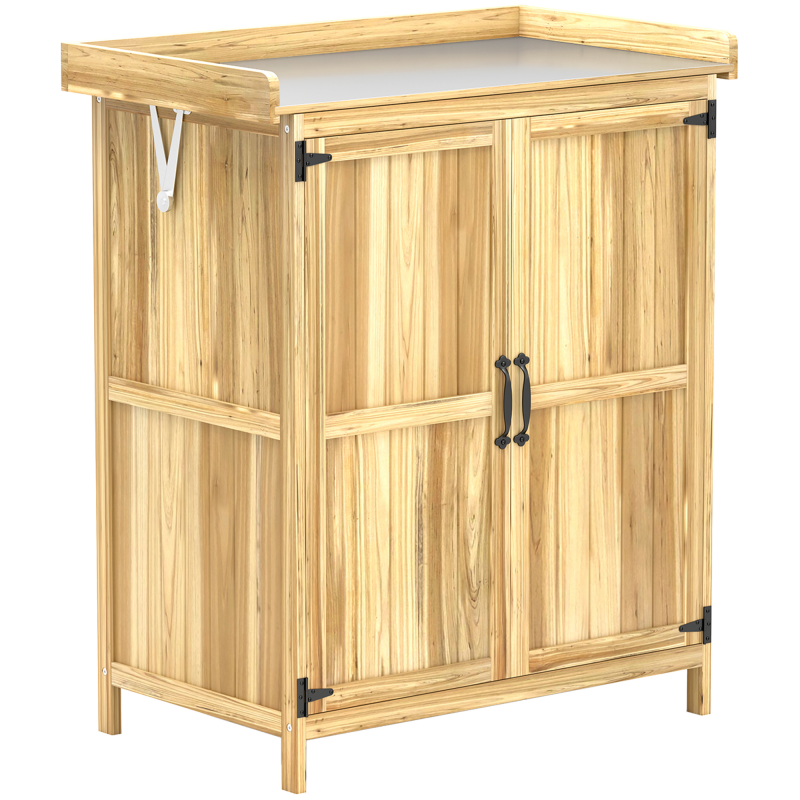 Outsunny Gartenschrank Holz, Geräteschuppen wetterfest 74x43x88cm, Gerätehaus mit Klappdach Ablagen, Arbeitsfläche, Geräteschrank, Gartenhaus Werkzeugschrank Gartenschuppen für Garten, Terrasse, Holz Aosom – Bild 1 von 2