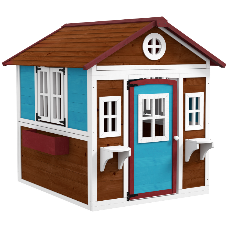 Outsunny Kinderspielhaus aus Holz Spielhaus Outdoor mit Fenster, Blumenregal, Pflanzenkasten und Tür Gartenhaus für Kinder 3-8 Jahre Dunkelbraun Aosom – Bild 1 von 2