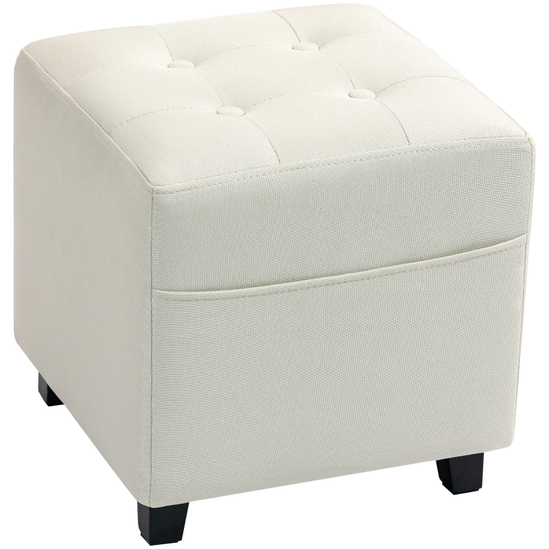 HOMCOM Fußhocker für Wohnzimmer, Ottoman, gepolsterter Sitz mit Steppung in Leinenoptik mit Seitentasche, Pouf, Holzgestell, für Schlafzimmer, Flur, 35 x 35 x 35 cm, Creme Aosom – Bild 1 von 2