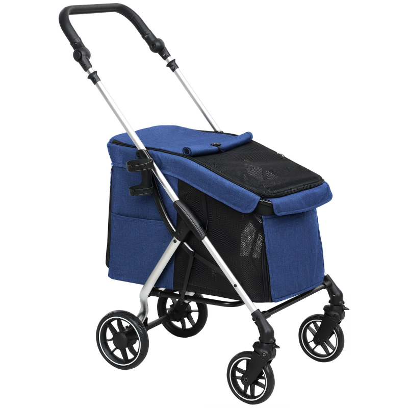 PawHut Hundewagen leicht Hundebuggy aus Aluminium klappbar für Hunde & Katzen bis 10 kg Katzenbuggy mit Kissen Netzfenstern Türen Aufbewahrungskorb Katzenwagen Buggy Dunkelblau Aosom – Bild 1 von 2