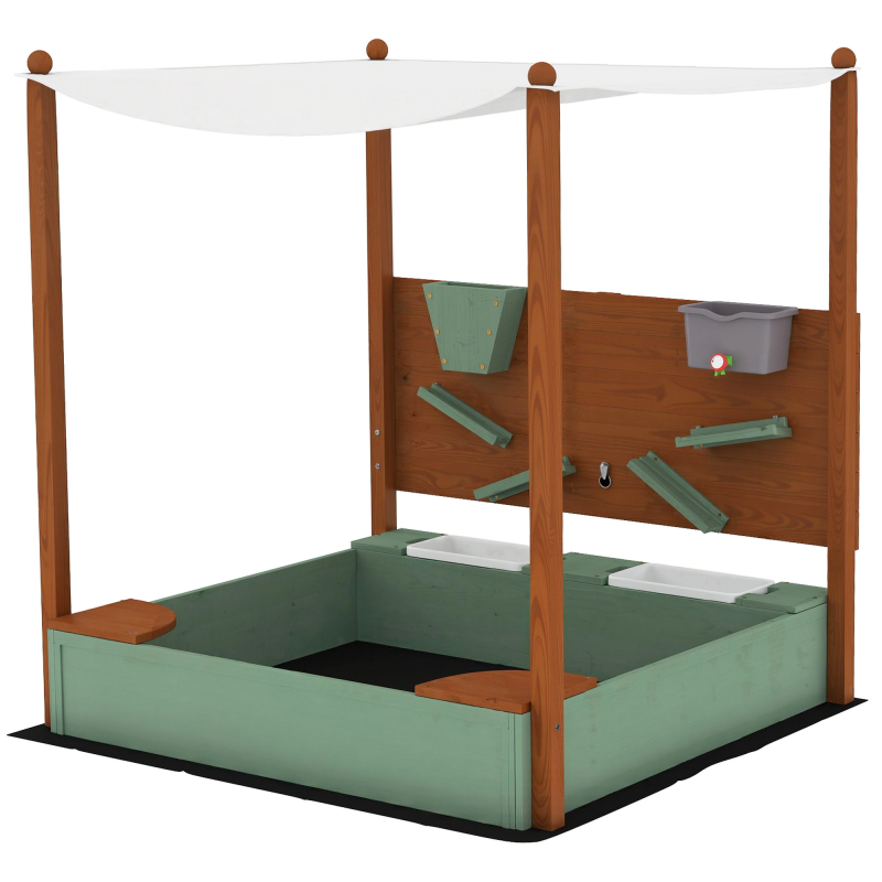 AIYAPLAY Sandkasten mit Dach, 116 x 112,5 cm Sandkiste aus Holz Sandbox mit Sitzfläche, 2 Behältern, Sand- und Wasserspielzeug, Eimer mit Wasserhahn für 3-6 Jahre Kinder Grün Aosom – Bild 1 von 2