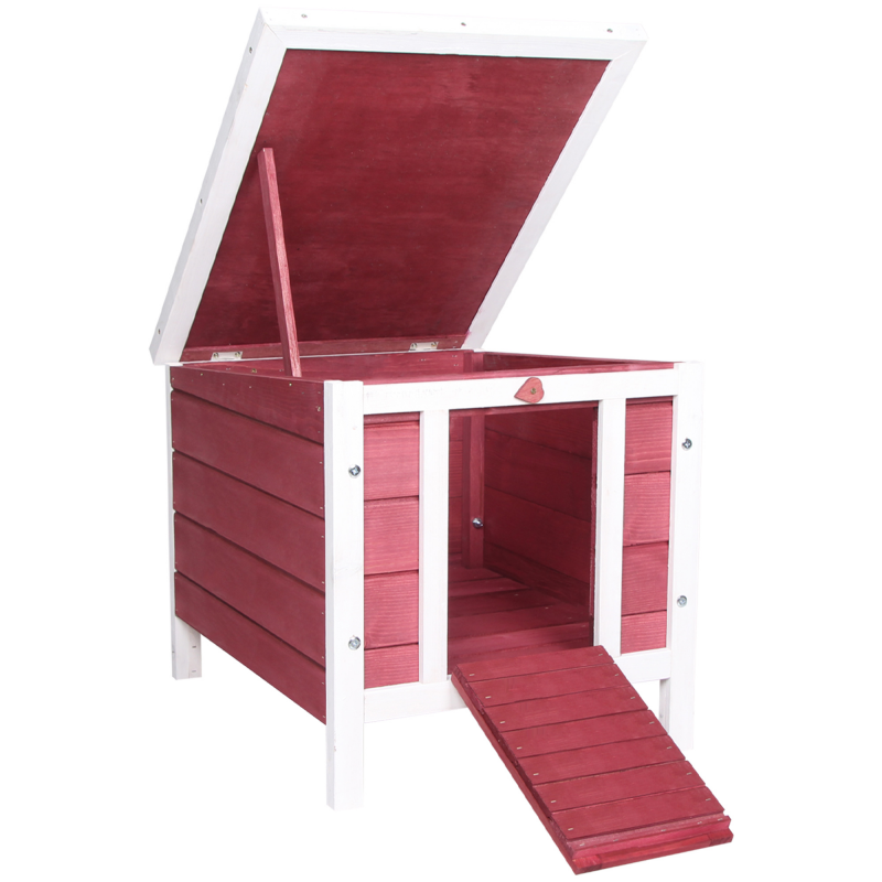 PawHut Kaninchenstall mit Rampe/Tür, aufklappbarem und wasserdichtem Dach - aus Fichtenholz, Maße 51L x 42l x 43H cm, Rot und Weiß Aosom – Bild 1 von 2