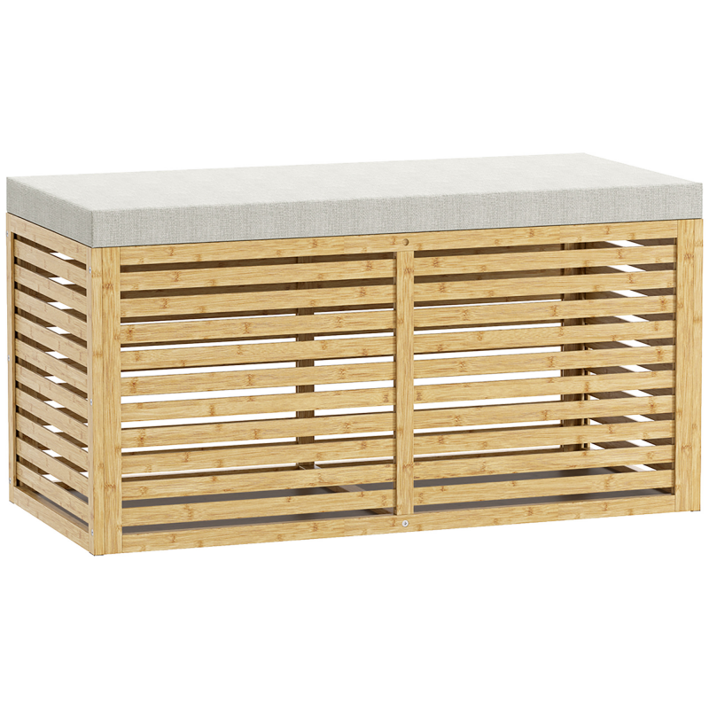 HOMCOM Aufbewahrungsbank, gepolsterte Truhenbank mit Leinenoptik-Stoff, Deckel und Bambusgestell, für Schlafzimmer, Flur, Wohnzimmer, 90 x 42 x 43 cm, grau und natur Aosom – Bild 1 von 2