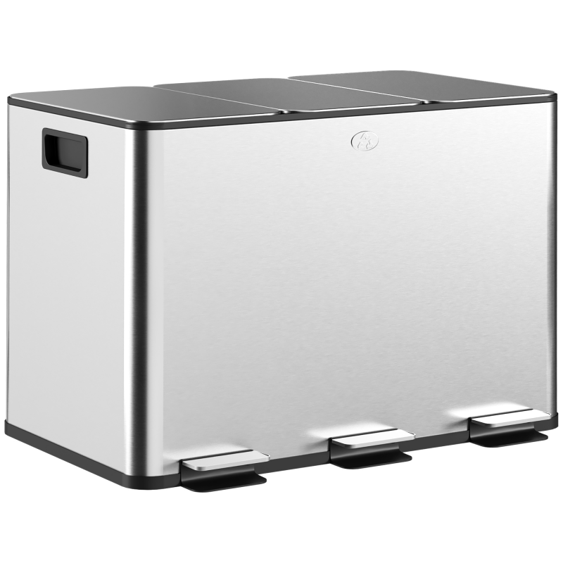 HOMCOM Küchenmülleimer 3 x 10L, Wertstoff-Mülleimer aus Edelstahl, 3 Fächer, Pedal, herausnehmbare Inneneimer, Soft-Close-Deckel und Griffe, fingerabdruckfrei Silber Aosom – Bild 1 von 2