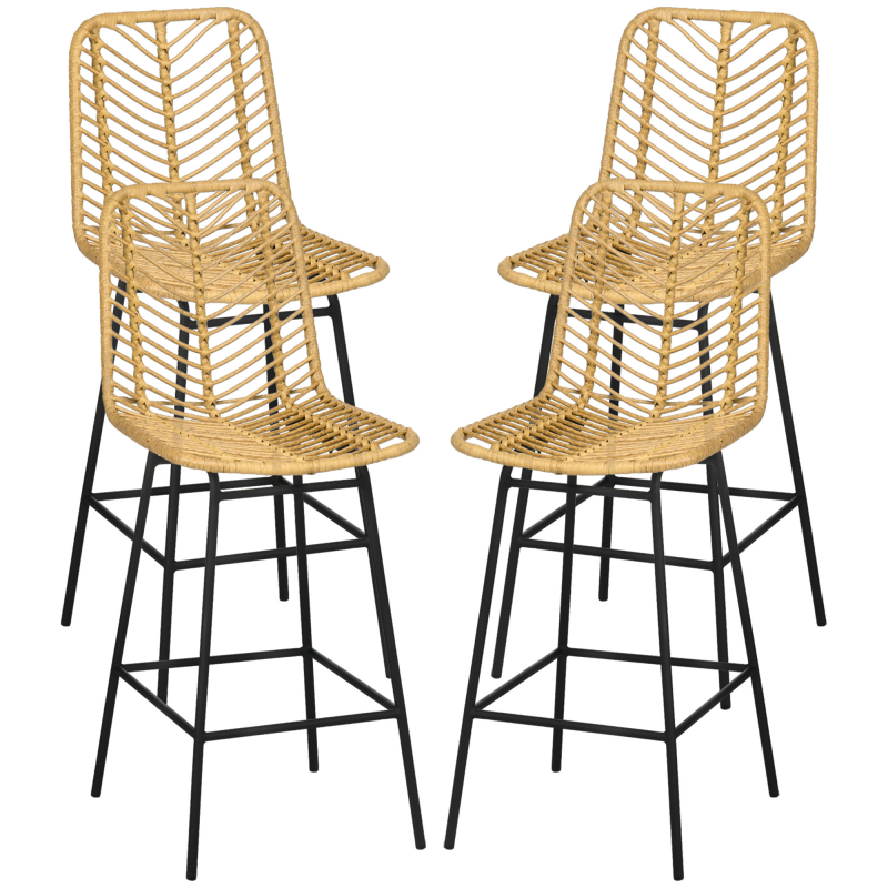 HOMCOM Set mit 4 Barhockern, Sitzhöhe 66 cm, Geflecht-Rückenlehne und Fußstütze, Stahlgestell, Boho-Design, Hohe Küchenstühle, Esszimmer, Tresen, Gelb Aosom – Bild 1 von 2