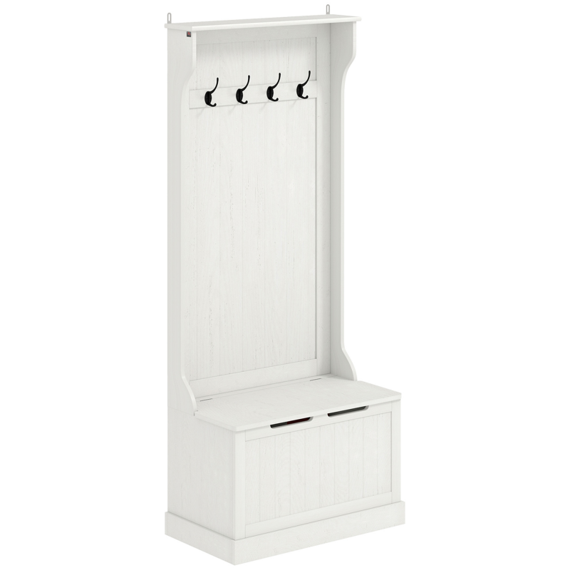 HOMCOM Schuhgarderobe, Garderobe für Flur mit Stauraumbank, 4 Haken, für Flur, Schlafzimmer, Wohnzimmer, Moderner Stil, 71,5x39,5x170 cm, Weiß Aosom – Bild 1 von 2