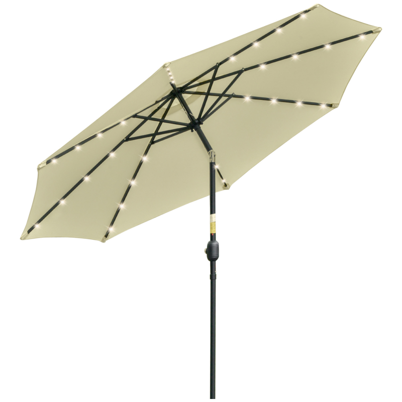 Outsunny Kippbarer Gartenschirm Ø265 cm mit 32 Solar-LEDs und Kurbel, Außenschirm mit 8 Rippen, Stahl, Polyester, für Patio Innenhof Balkon Terrasse, Beige Aosom – Bild 1 von 2