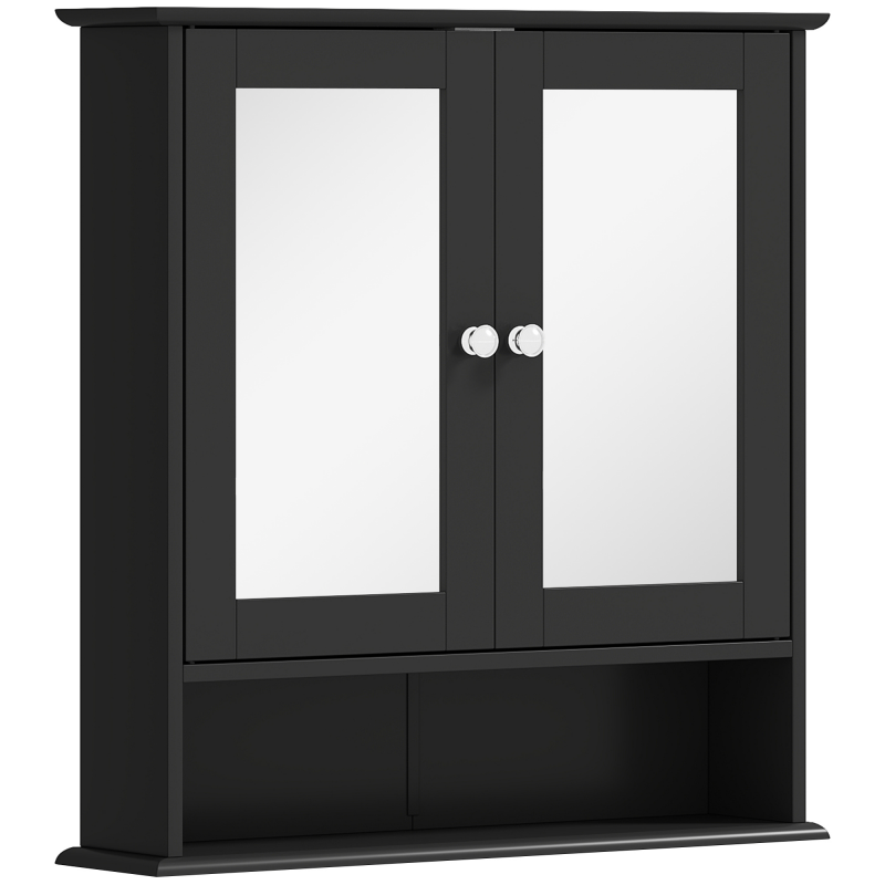 kleankin Spiegelschrank fürs Badezimmer, wandhängender Schrank mit 2 Türen, offene Ablage, verstellbarer Einlegeboden, hängender Badschrank für Küche, Wohnzimmer, 56x13x58 cm, Schwarz Aosom – Bild 1 von 2