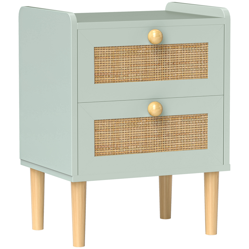 HOMCOM Nachttisch, Nachttisch mit 2 Schubladen im Rattan-Effekt und Holzrahmen, Boho-Stil, für Schlafzimmer, Wohnzimmer, 39,8 x 30 x 52,5 cm, olivgrün Aosom – Bild 1 von 2