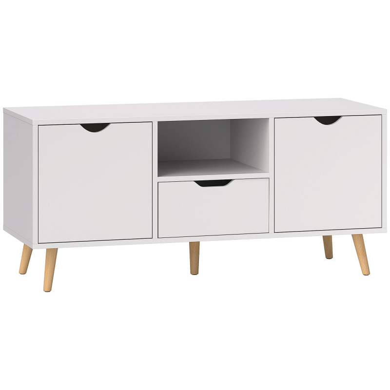 HOMCOM TV-Möbel, TV-Tisch mit Schublade, 2 Türen und offenem Fach, Holzbeine, für Fernseher bis zu 127 cm, 110 cm Länge, für Wohnzimmer, Schlafzimmer, Weiß Aosom – Bild 1 von 2