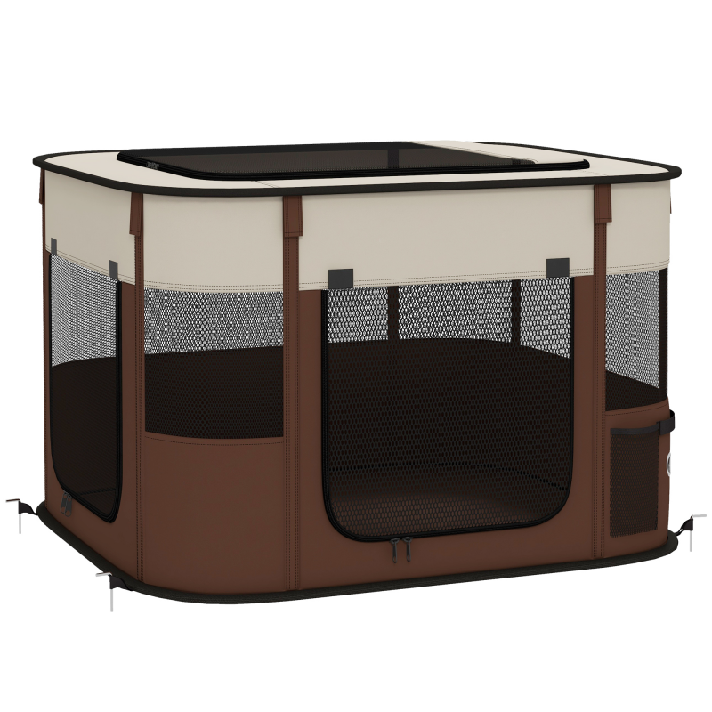 PawHut Haustier-Box mit 6 Fenstern, 3 Türen und 2 Aufbewahrungstaschen, Hundegehege aus Oxford-Gewebe und Stahl, 74x60x45 cm, Braun Aosom – Bild 1 von 2