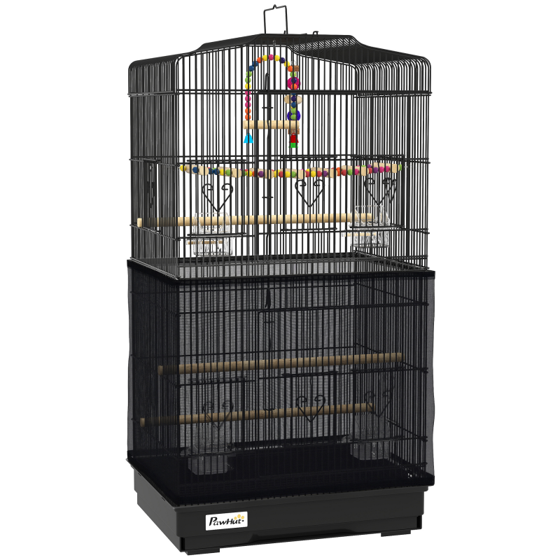 PawHut Vogelkäfig mit Griff, herausziehbarer Schale und Türen, Voliere für Wellensittiche mit Sitzstangen aus Holz, Schaukel und Futternäpfen, 46.5x35.5x92 cm, Schwarz Aosom – Bild 1 von 2
