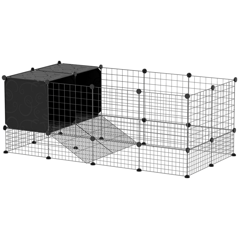 PawHut Gehege für Kleintiere, modularer Kaninchenkäfig, 31 Paneele mit erhöhten Häuschen, Innengehege für Meerschweinchen, Kaninchen, Igel, Stahl, schwarz Aosom – Bild 1 von 2