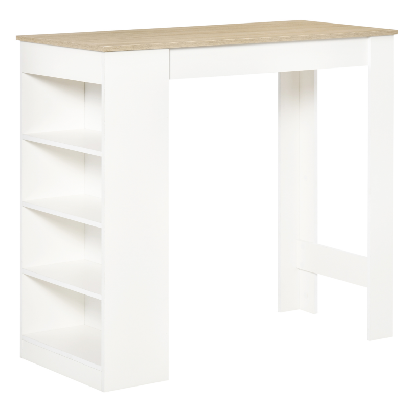 HOMCOM Bartisch für 2 Personen, Hochtisch mit 4 offenen Regalen, für kleine Räume, Küche, Wohnzimmer, 115 x 50 x 102,7 cm, moderner Stil, Weiß und Naturholz Aosom – Bild 1 von 2
