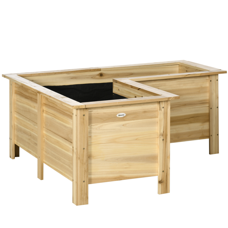 Outsunny Erhöhtes Holz-Pflanzkasten, Außenkübel in L-Form mit Vliesstoff, Urbaner Gemüsegarten für Pflanzenanbau, Blumen auf Terrasse, Garten, 120x120x50 cm, Natural Aosom – Bild 1 von 2