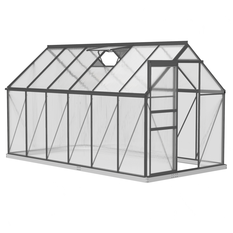 Outsunny Gewächshaus 7 m² aus Aluminium-Polycarbonat mit Fundament, 190 x 375 x 199 cm, Gewächshaus mit verstellbarem Fenster und Schiebetür, wetterbeständig, grau dunkel Aosom – Bild 1 von 2