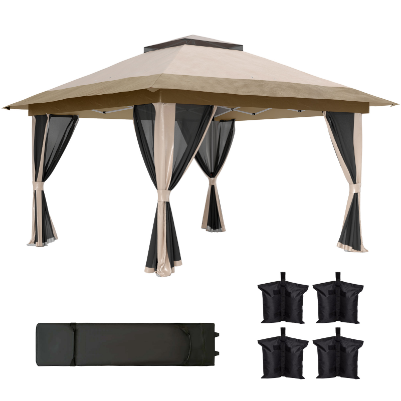 Outsunny Faltpavillon Gazebo, 3,6x3,6 m, Faltpavillon mit 4 Netzseitenwänden, UV-Schutz, höhenverstellbar, Sandsack und Transporttasche, für Camping, Partys, Beige Aosom – Bild 1 von 2
