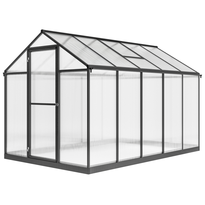 Outsunny Aluminium-Polycarbonat-Gewächshaus, Gewächshaus mit einstellbaren Dachfenstern, einflügeliger Tür, wetterfester Außenschutz für Pflanzen & Blumen, 303x183x195 cm, transparent Aosom – Bild 1 von 2