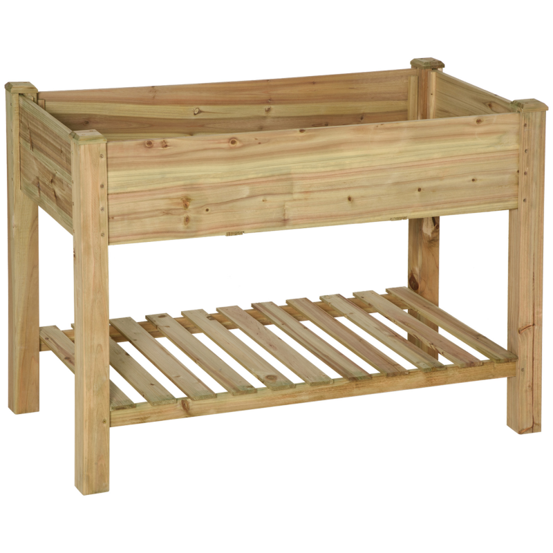 Outsunny Hochbeet mit Ablage aus Holz, aufgeständertes Pflanzbeet auf Beinen, Ablauflöcher, für Pflanzen, Blumen, Gemüse, 113 x 56 x 84 cm, grün Aosom – Bild 1 von 2