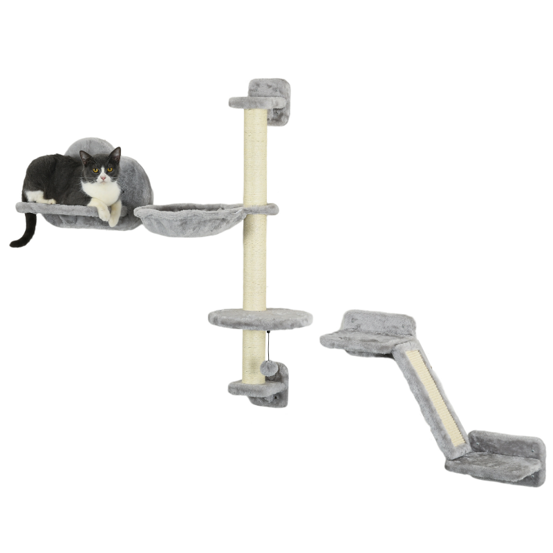 PawHut 3-teiliges Wandkletter-Set für Katzen, Wandregale mit Hängematte, Rampe mit Kratzfläche, wolkenförmige Sprungplattform, Grau Aosom – Bild 1 von 2