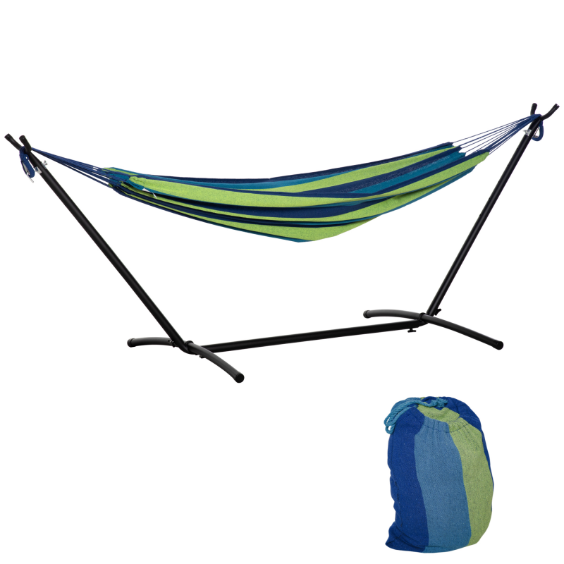 Outsunny Gartenhängematte 310x117 cm mit höhenverstellbarem Gestell, Tragfähigkeit 120 kg, freistehende Hängematte mit Tragetasche, für Camping, Garten, Balkon, Patio, Grün und Hellblau Aosom – Bild 1 von 2