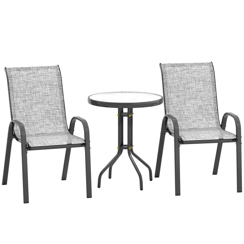 Outsunny 3-teiliges Bistro-Set mit 2 atmungsaktiven, stapelbaren Gartenstühlen und rundem Tisch, Tisch- und Stuhl-Set aus Stahl und Glas, für Terrasse & Hof, Grau Aosom – Bild 1 von 2