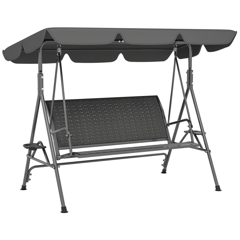 Outsunny Gartenschaukel 3-Sitzer aus PE-Rattan mit verstellbarem Sonnendach und Getränkehalter, Außenschaukel mit Stahlrahmen, Tragkraft 320 kg, 204x112x150 cm, Grau Aosom – Bild 1 von 2