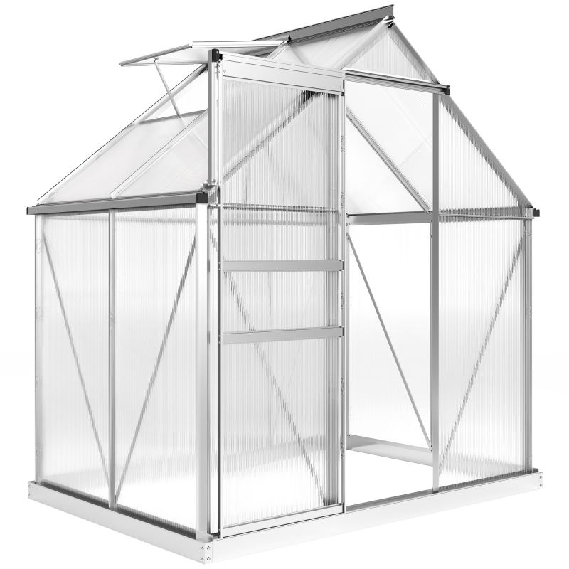 Outsunny Gewächshaus 2,5 m² aus Aluminium und Polycarbonat mit Fundament, 192,5 x 131 x 200 cm, Gewächshaus mit verstellbarem Fenster und Schiebetür, witterungsbeständig, Silber Aosom – Bild 1 von 2