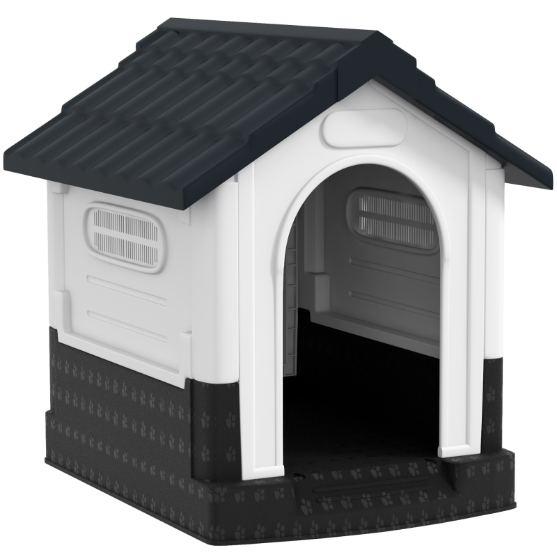 PawHut Mini-Hundehütte für den Außenbereich, Kunststoff-Hundehütte mit 3 Fenstern, erhöhte Basis, Dach in Ziegeloptik, 64,5x57x66 cm, Dunkelgrau Aosom – Bild 1 von 2