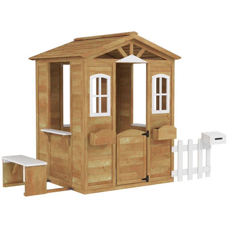 Outsunny Spielhaus für Kinder Gartenhaus aus Holz mit Tür und Fenstern, Bank, Briefkasten, Zaun, für 3 bis 6 Jahre 205 x 119 x 140 cm Gelb Aosom – Bild 1 von 2
