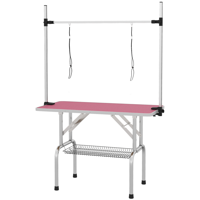 PawHut Klappbarer Hundepflegetisch mit Metall-Gitterkorb, rutschfeste Arbeitsfläche, verstellbare Edelstahlstange, für Hunde, Katzen, 107x60x164 cm, Rosa Aosom – Bild 1 von 2