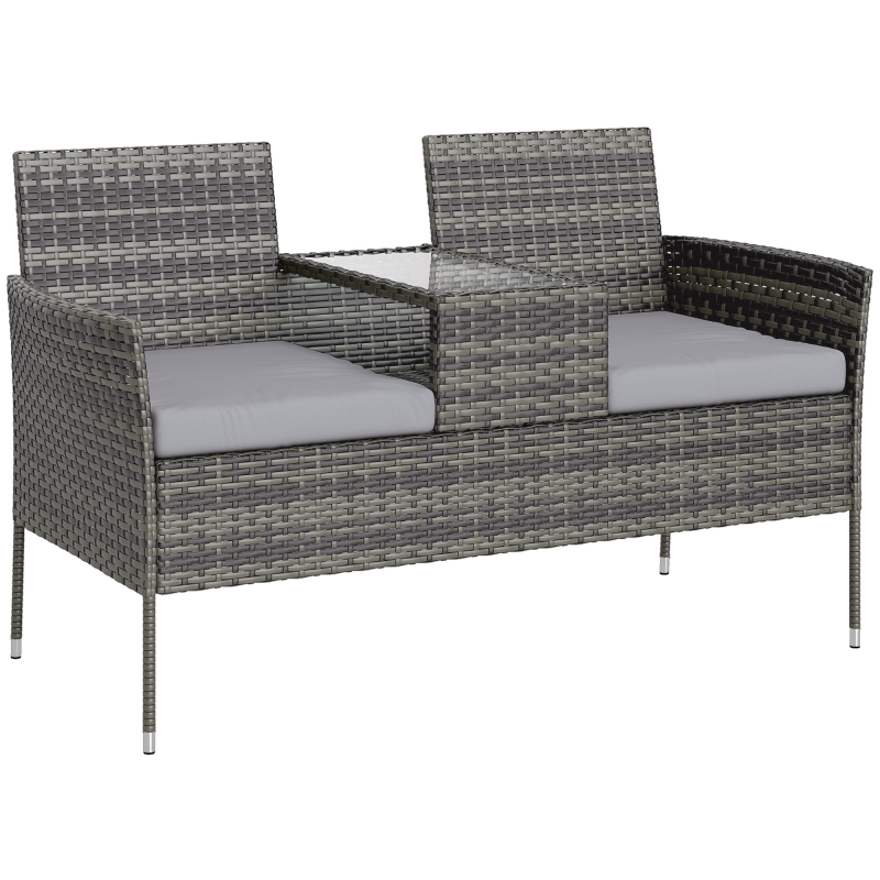 Outsunny Gartenbank für 2 Personen aus Rattan und Stahl, Außenbank mit Kissen und mittlerem Couchtisch aus gehärtetem Glas, 135x64x81 cm, Dunkelgrau Aosom – Bild 1 von 2