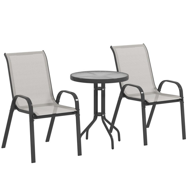 Outsunny 3-teiliges Terrassen-Set mit Tisch und Stühlen, Gartenmöbel mit stapelbaren Stühlen, Glasplatte und Stahlgestell, für Terrasse, Hellgrau Aosom – Bild 1 von 2
