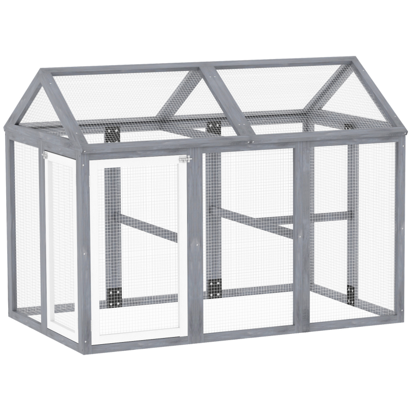 PawHut Hühnergehege 1,18 m², eingezäunter Auslauf mit abschließbaren Türen, Massivholzrahmen, Voliere für 1-3 Hühner, 140 x 88,5 x 106 cm, grau Aosom – Bild 1 von 2