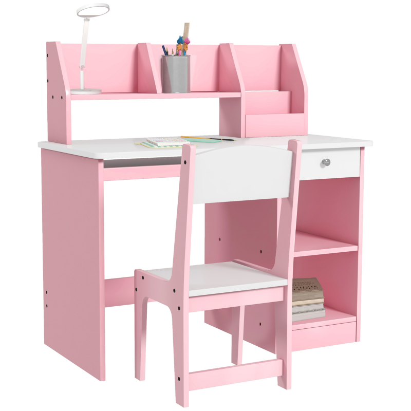 ZONEKIZ Kinderschreibtisch mit ergonomischem Stuhl, Kinder-Schreibtisch-Set mit 2 Schubladen, offenen Regalen und Nischen, Tisch zum Lernen, Arbeiten und Schreiben, 90 x 45 x 90 cm, Rosa Aosom – Bild 1 von 2