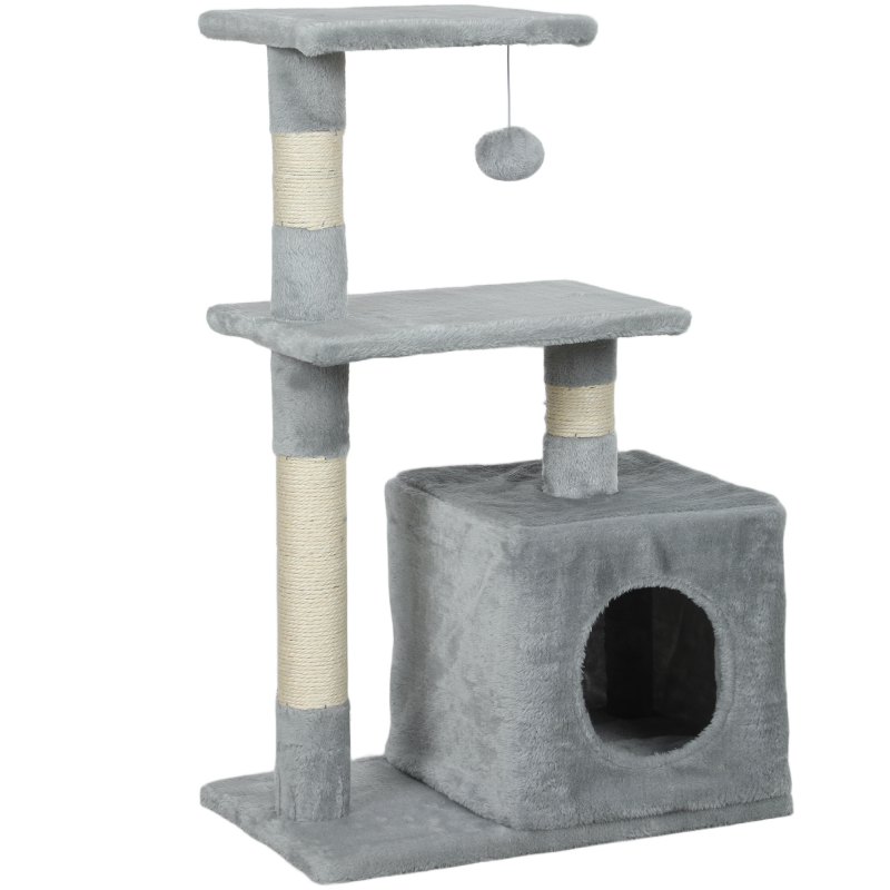 PawHut Kratzbaum für Katzen mit Häuschen, 2 Plattformen und Spielball, Kratzbaum aus Spanplatte, Sisal und Plüsch, 50x30x81.5 cm, Grau Aosom – Bild 1 von 2