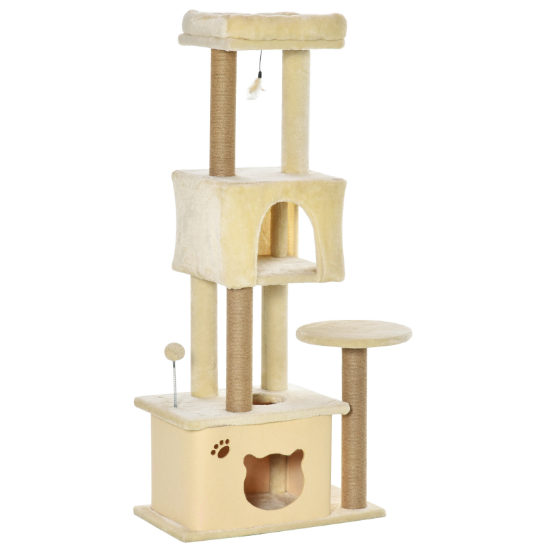 PawHut Katzenbaum für Erwachsene mit abnehmbarem Häuschen, mehrstöckiger Kratzbaum mit Jutapfosten, 2 Häuschen und Spielbällen, 60x34x136 cm, Beige Aosom – Bild 1 von 2