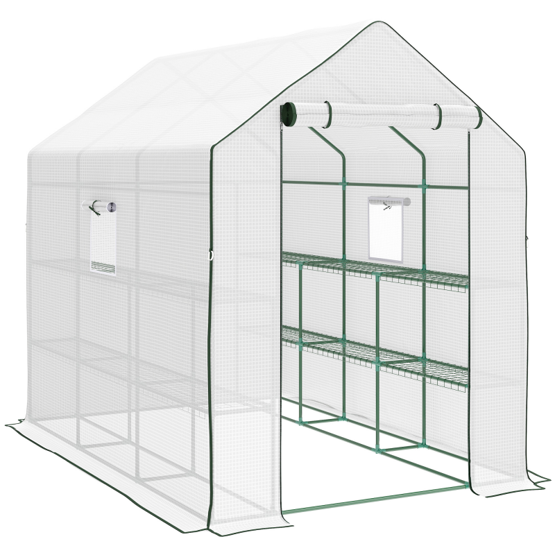 Outsunny Garten-Gewächshaus mit 3 Ebenen, Außen-Gewächshaus mit 12 Regalen, Rolltür, Fenster, UV-beständig, PE-Abdeckung 135 g/m² für Gemüse, Pflanzen, Blumen, 140x213x190 cm Weiß Aosom – Bild 1 von 2