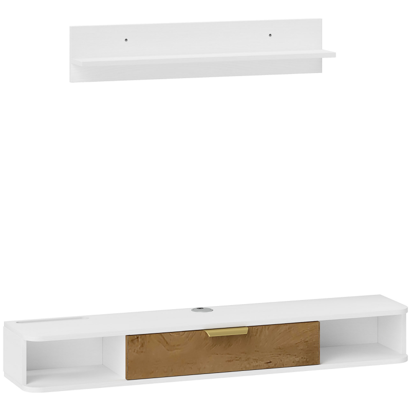 HOMCOM Set hängendes TV-Möbel mit Wandregal, wandmontiertes TV-Möbel aus Holz mit offenen Fächern, klappbare Tür und Kabeldurchlässe, TV-Bank für Wohn- & Schlafzimmer, 120 x 24 x 16 cm, weiß Aosom – Bild 1 von 2